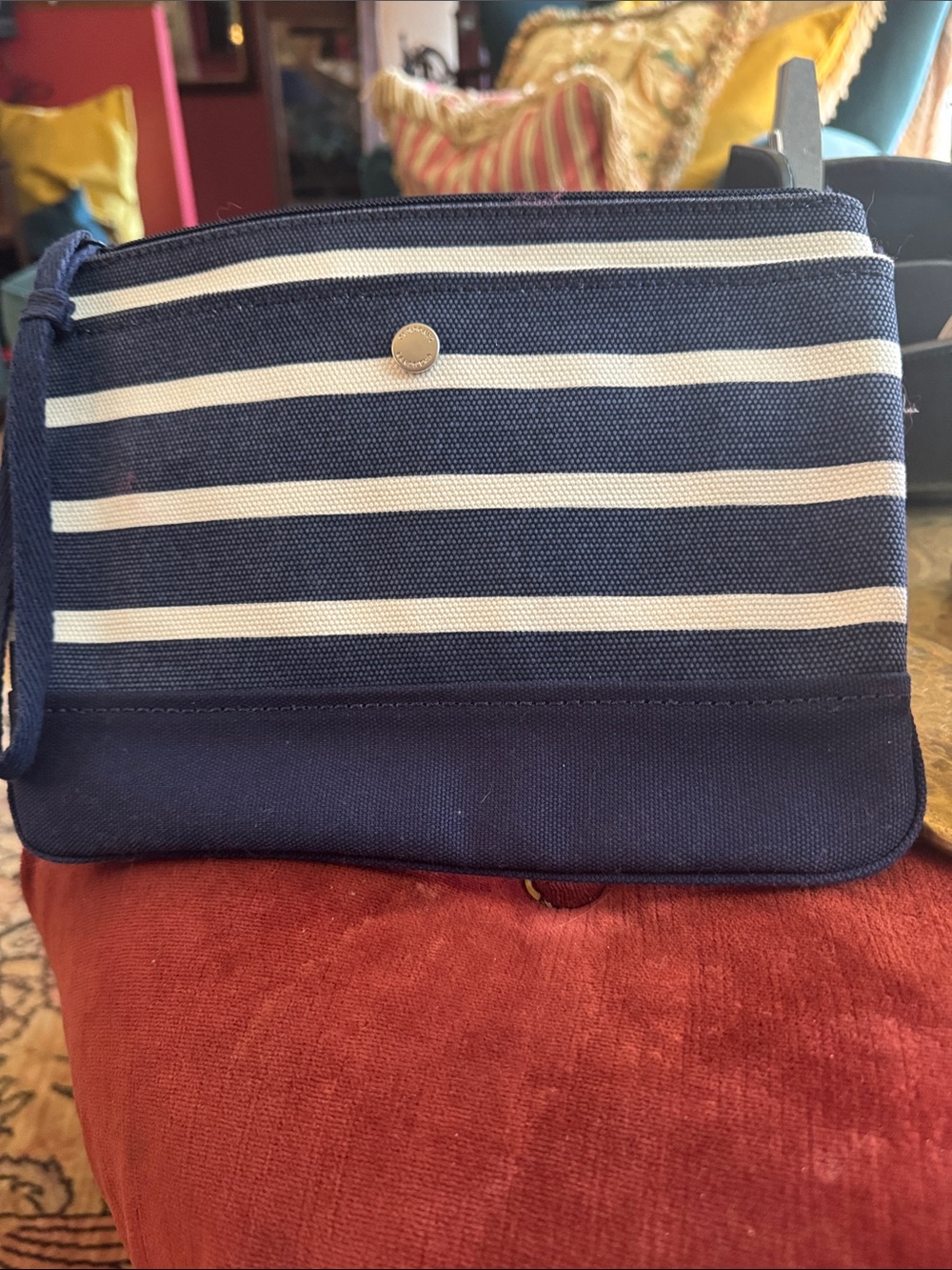 Lands' End Navy and White Striped Canvas Wristlet Clutch